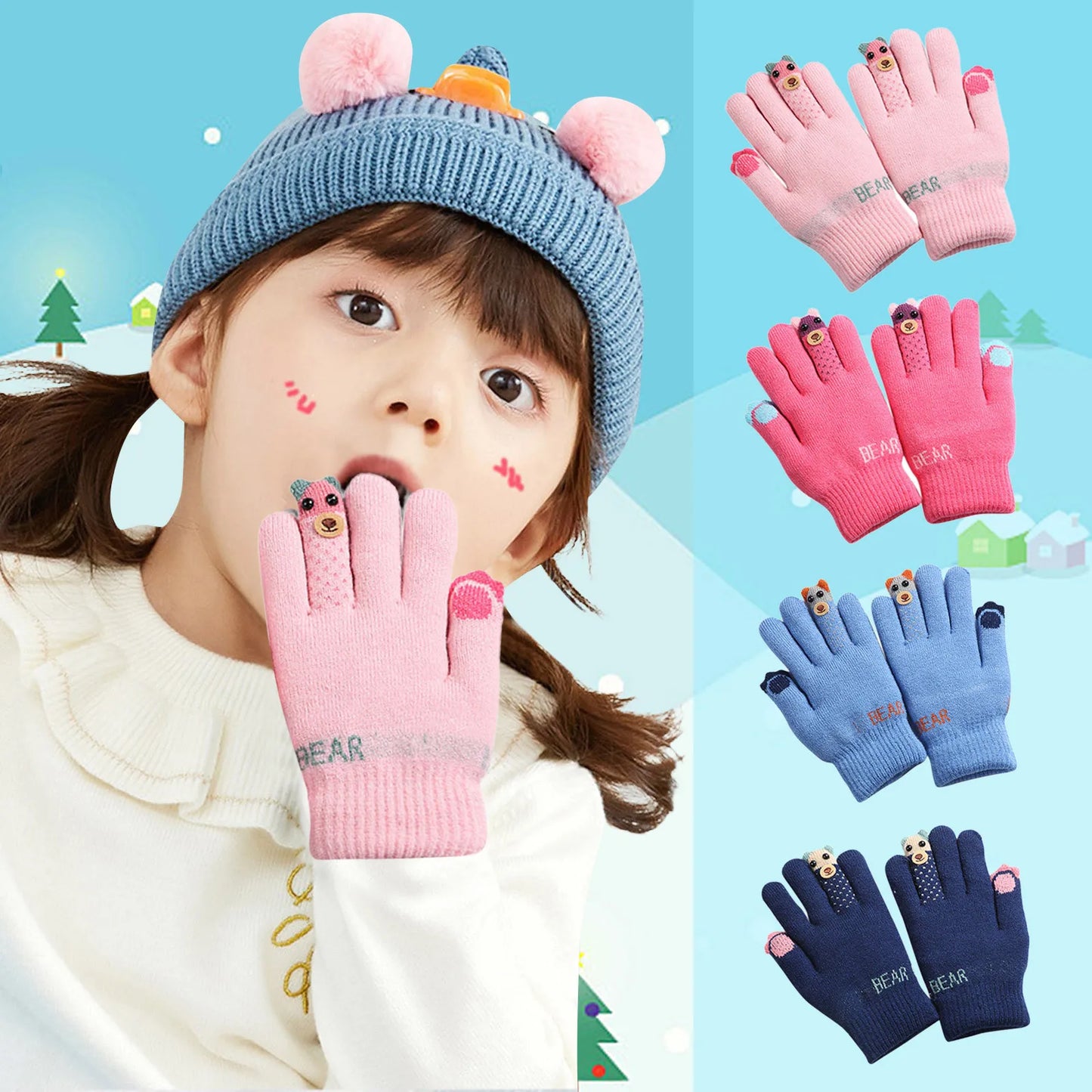 Children Warm Skiing Gloves Baby Boys Girls Winter Kids Cartoon Bear Fleece Knitted Thick Full Finger Mittens Gloves gant enfant