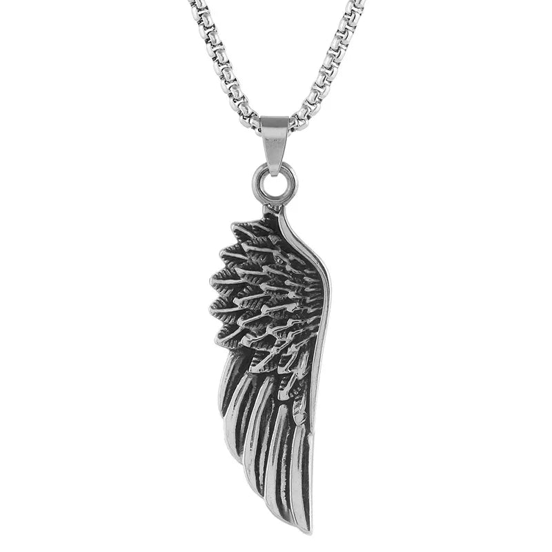 Personality Men's Women's Jewelry Vintage Cross Angel Wing Pendant Necklace  Long Stainless Steel Necklace Charms