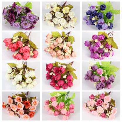 Autumn 15 Heads/Bouquet Small Bud Roses Bract Silk Artificial Flower DIY Wedding Home Christmas Decor Floral Gifts Photo Props