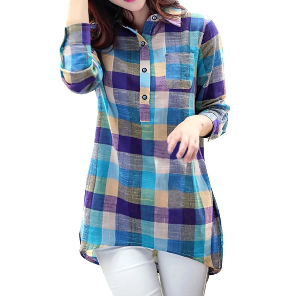 Fashion Woman Blouses 2023 Casual Plaid Pocket Cotton Shirts Comfy Buttons Long Sleeve Blusas Autumn Korean Lapels Kimono Tunic