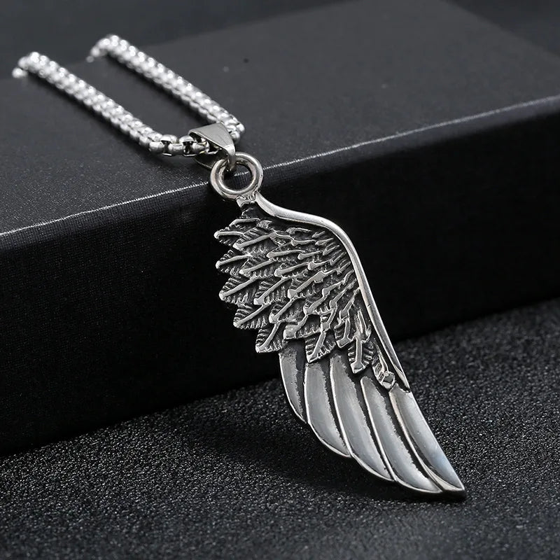 Personality Men's Women's Jewelry Vintage Cross Angel Wing Pendant Necklace  Long Stainless Steel Necklace Charms