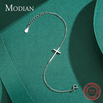 Modian 100% 925 Sterling Silver Classic Simple Cross Religious Adjustable Bracelets Chain For Women Fine Jewelry Accessories