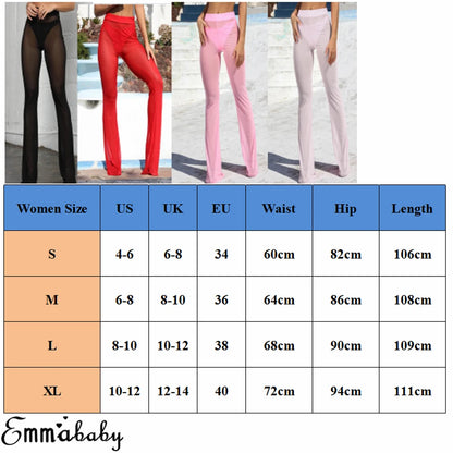 Women Sexy Beach Sheer Mesh See Through Transparent High Elastic Waist Bikini Cover Up Swimwear Bell Bottom Flare Pants Trousers