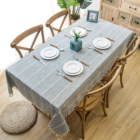 Solid Decorative Linen Tablecloth With Tassel Waterproof Thicken Rectangular Wedding Dining Table Cover Tea Table Cloth