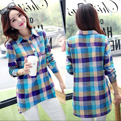 Fashion Woman Blouses 2023 Casual Plaid Pocket Cotton Shirts Comfy Buttons Long Sleeve Blusas Autumn Korean Lapels Kimono Tunic