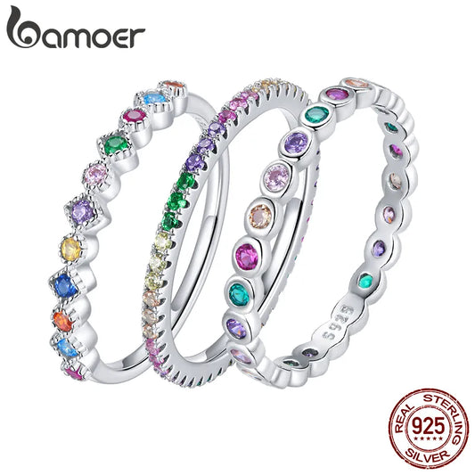 bamoer 925 Sterling Silver Multicolor Zircon Finger Ring for Women Trendy Fashion Dazzling CZ Stone Anillos Jewelry Gift