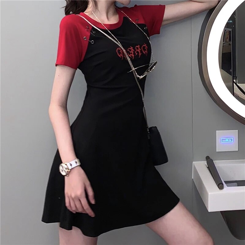 Gothic Women's Summer Dress Harajuku Black White Mini Vestido 2023 Short Sleeve Letter Print Skinny Sexy Bodycon Dresses Punk