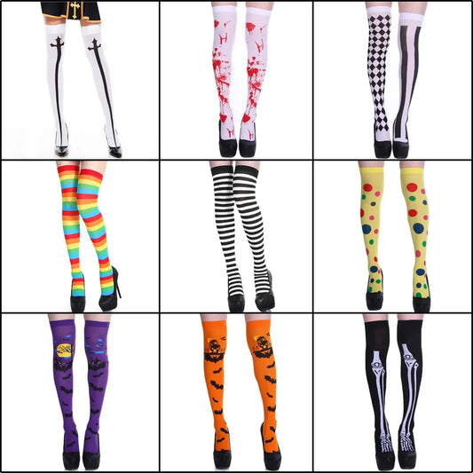 Adult Child Women Girls Halloween Costumes Cosplay Accessories Stockings Socks Black White Stripe Clown Nun Bat Print Umorden