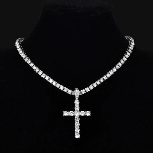 Men Women Hip Hop Cross Pendant Necklace With 4mm Zircon Tennis Chain Iced Out Exquisite Bling Jewelry Fashion Trendy Creative