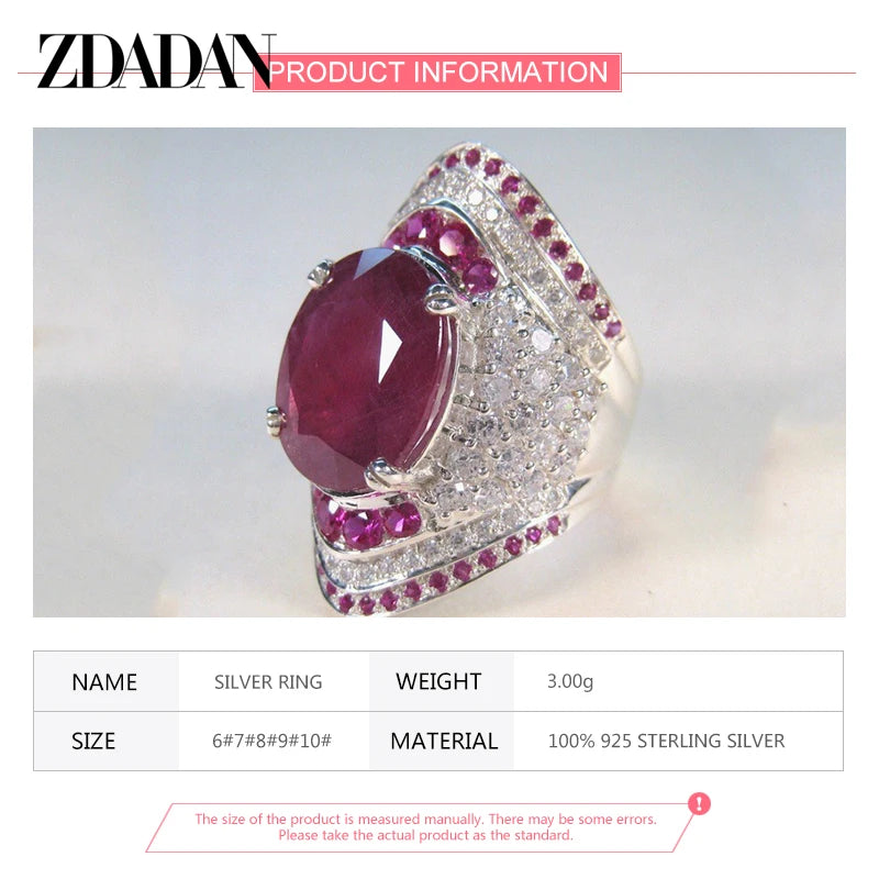 ZDADAN 925 Sterling Silver Ruby Ring For Women Zircon Finger Rings Fashion Jewelry Gifts