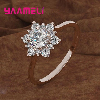 S925 Sterling Silver Snowflake Flowers Ring Transparant Clear Cubic Zirconia Micro Inlay  New Fashion Women's Jewelry