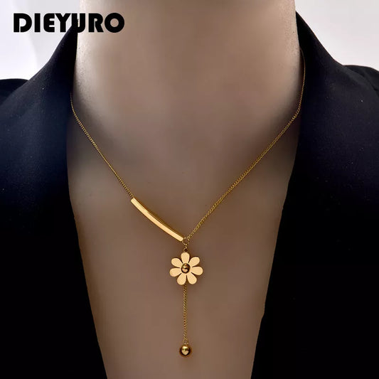 DIEYURO 316L Stainless Steel 2021 Hot Sale Beautiful Flower Hanging Chain Long Style Exquisite Clavicle Chain Necklace For Women