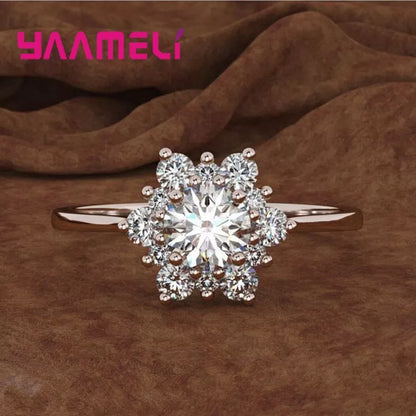 S925 Sterling Silver Snowflake Flowers Ring Transparant Clear Cubic Zirconia Micro Inlay  New Fashion Women's Jewelry