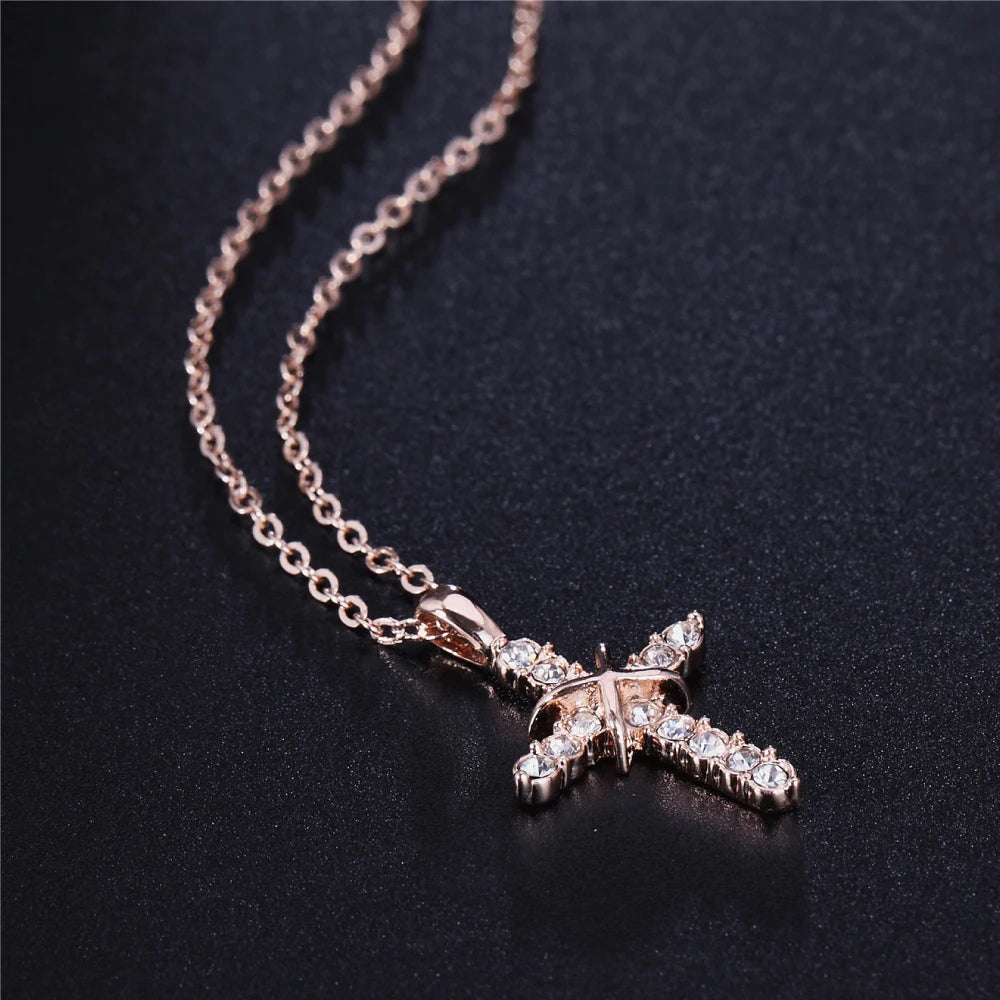 N451 N452 Cross Jesus Christ Necklaces Rose Gold Color Fashion Pendant Jewelry Cubic Zirconia Crystal Christmas HotSale