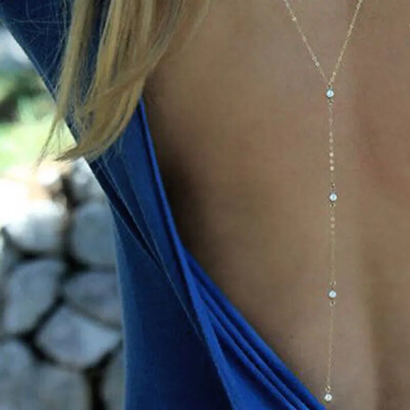 Sexy Summer Women Long Necklace Body Chain Bare Back Gold Color Crystal Pendant Necklace Beach Body Jewelry Wedding Dress