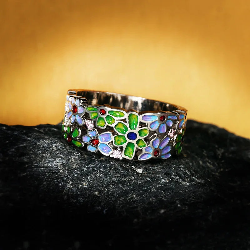 Women's Jewelry Elegant Colored Flower Ring Handmade Enamel Ring Bohemian Style Attending Party Elegant Jewelry for Women