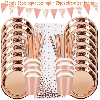 78pcs/set Rose Gold Party Disposable Tableware Set Rose Gold Cup Plates Straws Adult Birthday Party Decor Bridal Shower Supplies
