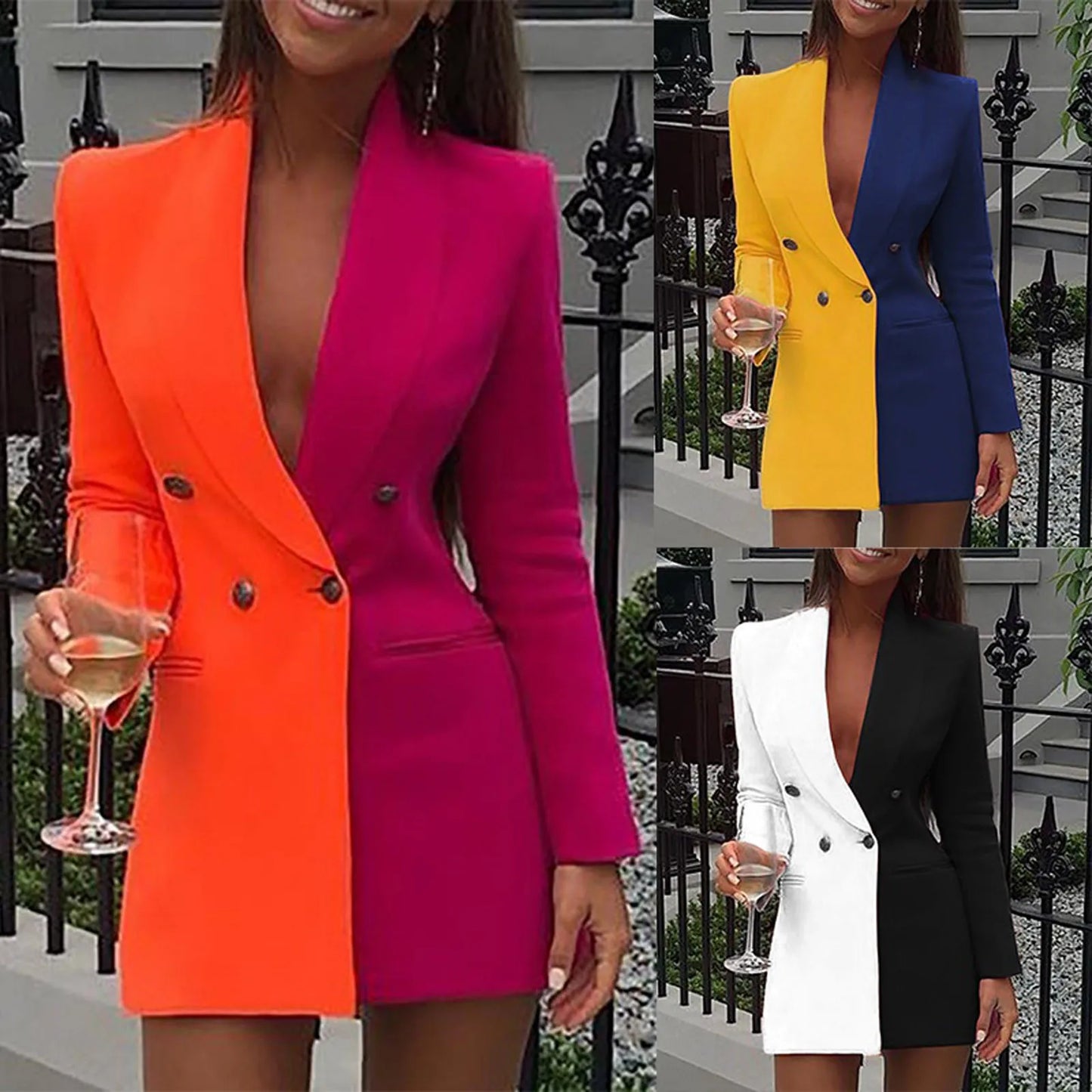 Elegant V Neck Office Lady Suit Dress Spring Autumn Long Sleeve Party Dress Women Colorblock Casual Blazer Mini Dress Robe