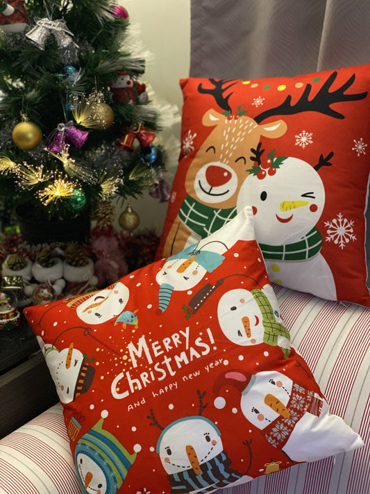 Snowman and Elk Christmas Pillow Gift Double-Sided Pattern Christmas Gift Removable and Washable Red Cushion Pillowcase