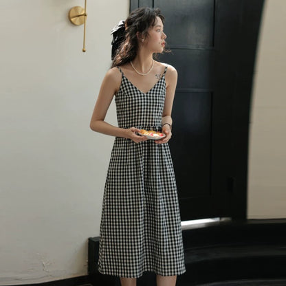 Versatile Lattice Summer New Arrival Waist Trimming Spaghetti Straps Dress