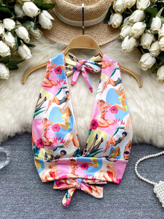 Fashion Sexy Style Print Tube Top Vest Women's Summer Deep V Strap Stylish Unique Chic Pure Desire Tops Fashion