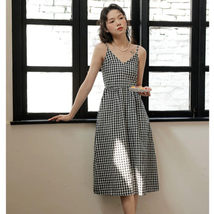 Versatile Lattice Summer New Arrival Waist Trimming Spaghetti Straps Dress