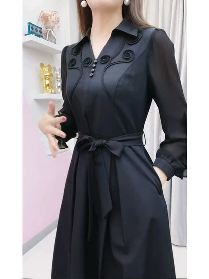 Fashion Noble Elegant Mothers' Black Long Sleeve Dress