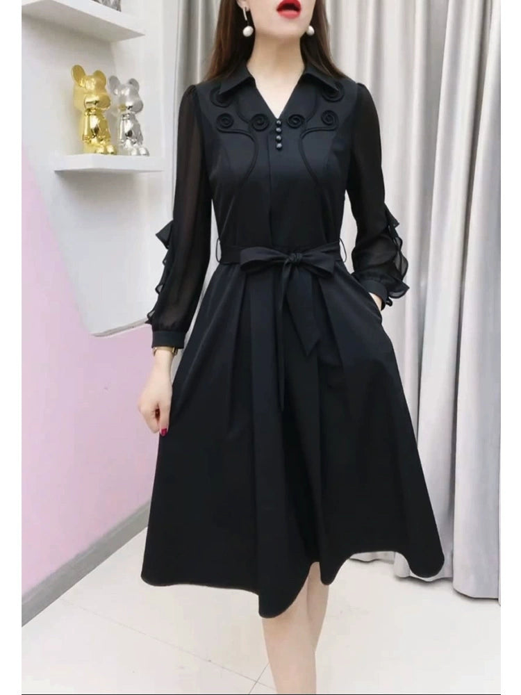 Fashion Noble Elegant Mothers' Black Long Sleeve Dress