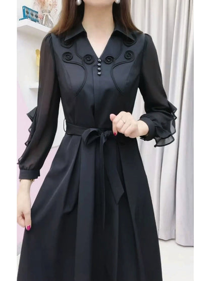 Fashion Noble Elegant Mothers' Black Long Sleeve Dress