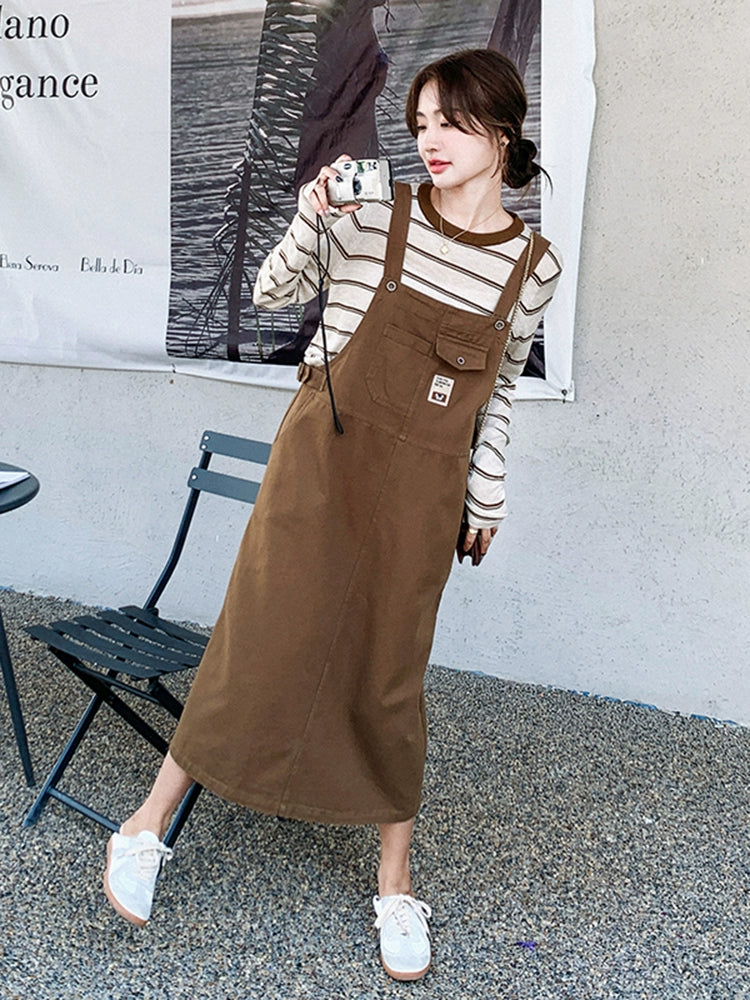 Coffee Colored & Long-Sleeved Striped Top Suspender Skirt Fashion Suit