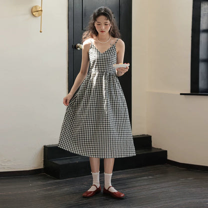 Versatile Lattice Summer New Arrival Waist Trimming Spaghetti Straps Dress