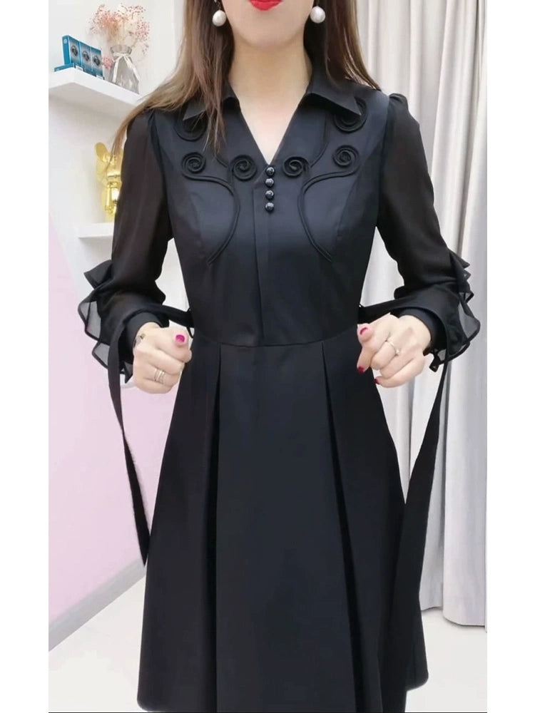 Fashion Noble Elegant Mothers' Black Long Sleeve Dress