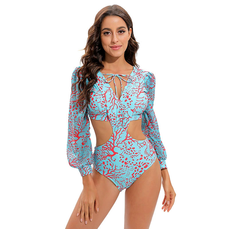 New Halter Bikini Long Sleeve One-Piece Swimsuit High Waist V-neck Female One Piece Bikini Swimsuit