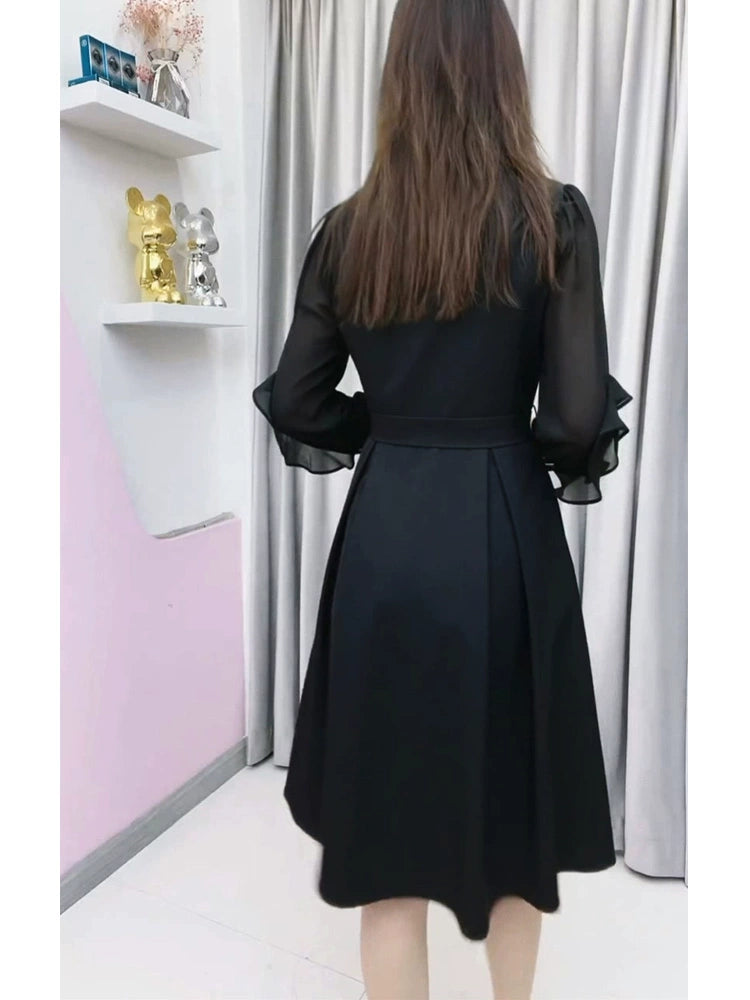 Fashion Noble Elegant Mothers' Black Long Sleeve Dress