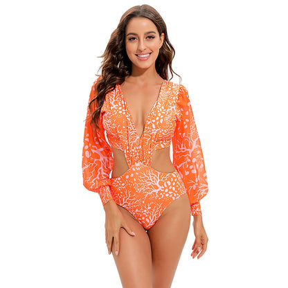 New Halter Bikini Long Sleeve One-Piece Swimsuit High Waist V-neck Female One Piece Bikini Swimsuit