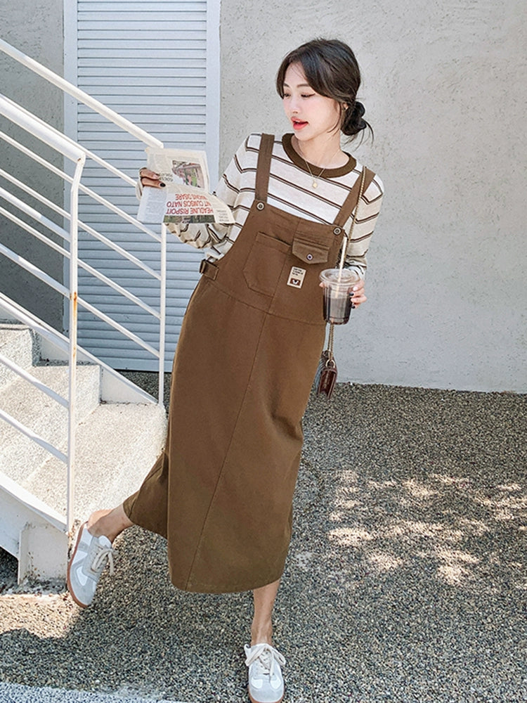 Coffee Colored & Long-Sleeved Striped Top Suspender Skirt Fashion Suit