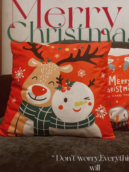 Snowman and Elk Christmas Pillow Gift Double-Sided Pattern Christmas Gift Removable and Washable Red Cushion Pillowcase