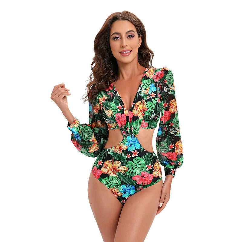 New Halter Bikini Long Sleeve One-Piece Swimsuit High Waist V-neck Female One Piece Bikini Swimsuit