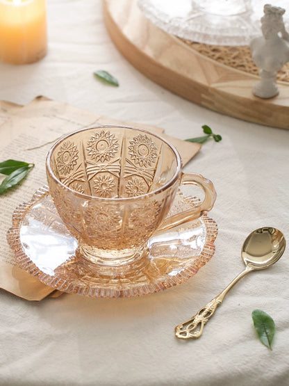 Retro Embossed Carved Tea Set Palace Style Glass and Glass Saucer