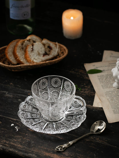 Retro Embossed Carved Tea Set Palace Style Glass and Glass Saucer