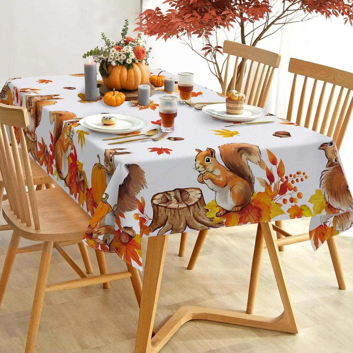 Fall Squirrel Rectangle Tablecloth Party Decor Autumn Maple Leaf Pumpkin Table Cloth Dining Table Decor Thanksgiving Decorations