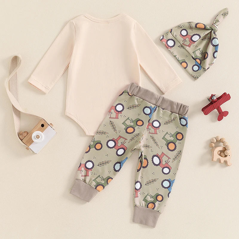 2024-06-01 Lioraitiin 0-18M Baby Boy Fall Outfit Letter Print Long Sleeve Romper and Tractor Print Pants Hat Spring 3 Piece Set