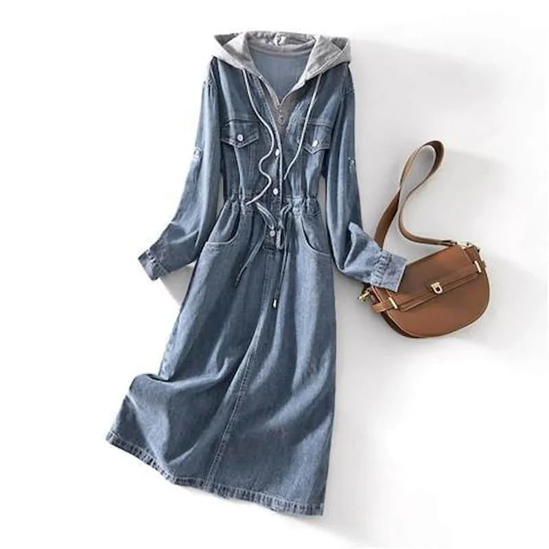 Denim Women Dress Vintage Casual Long Sleeve Lace-up Waist Korean Style Fake Two Pieces Mid-calf Shirt Dress for Women Clothing