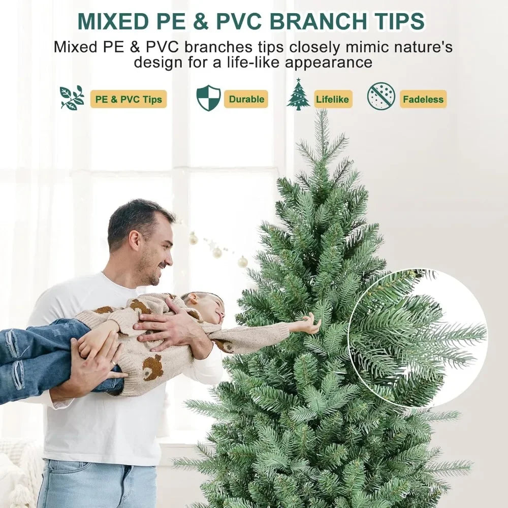 7 FT Artificial Skinny Christmas Tree,Unlit Blue Spruce Slim Pencil Xmas Tree with 1552 PE&PVC Mixed Branch Tips,