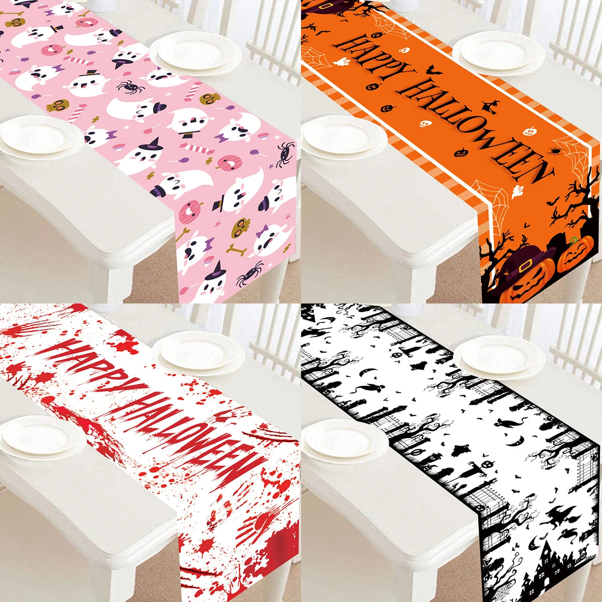 Halloween Pumpkin Ghost Table Runner Happy Halloween Party Decorations 2024 For Home Kitchen Dining Candy Castle Table Covers