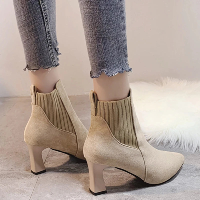 Ankle Boots Women Autumn Pointed Toe Knitted Warm Elastic Women's Shoes Shoes Casual High Heels Platform Boots Botas De Mujer