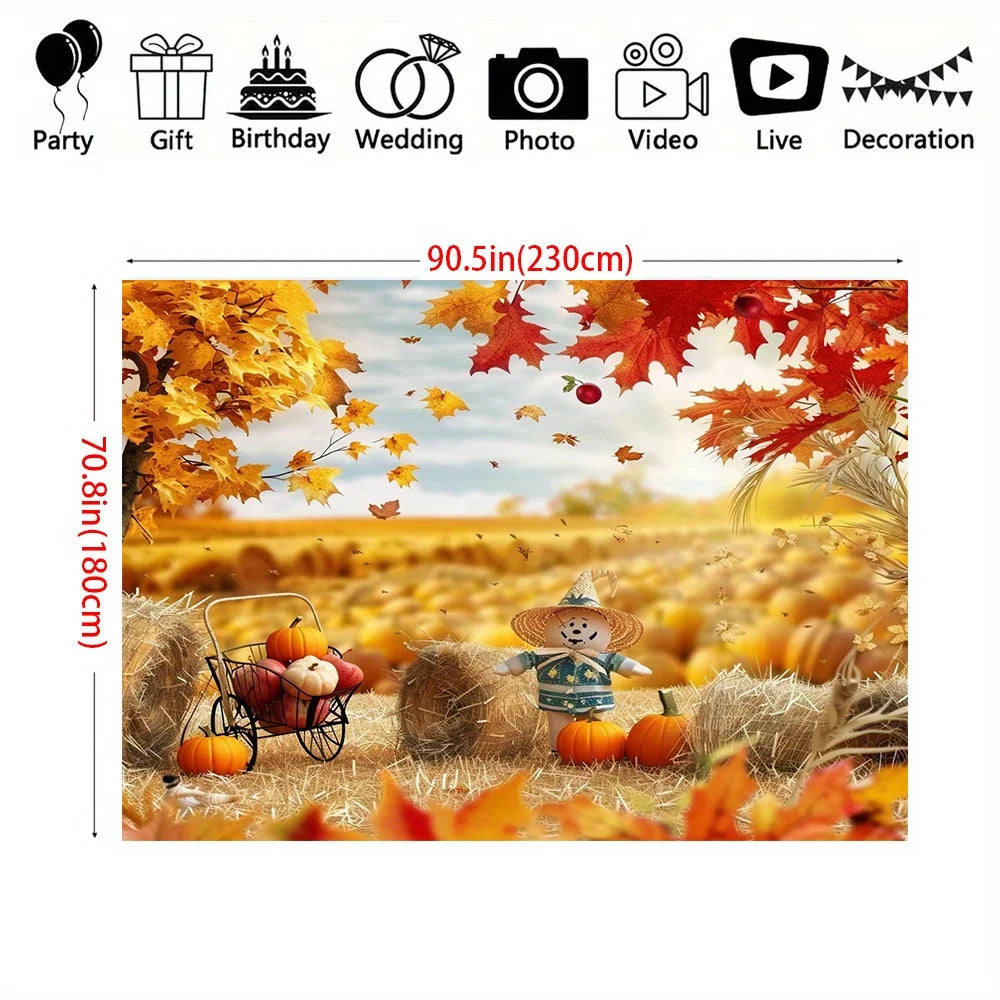 Autumn Harvest Thanksgiving Background Cloth - Pumpkin, Hay, and Maple Leaf Patterns | Multi functional Polyester Decoration|