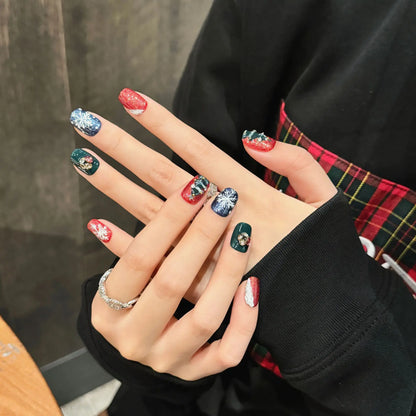 10pcs Handmade Press On Nails For Christmas Short Square Snowflake Xmas Tree Designs False Nail Glitter Red Green Fake Nail Tips