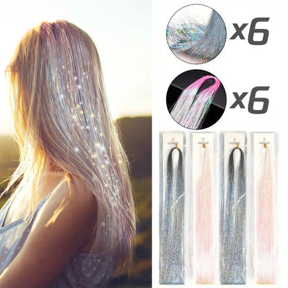 Tinsel Hair Extension 12pcs Glitter Sparkling Shinny Fairy Hair Accessories for Women and Girls for Christmas New Year Halloween