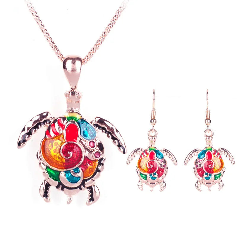 Women's Fashion Jewelry Rainbow Turtle Necklace Earring Set Luxury Unique Design Pendant Necklace Jewelry Engagement Gifts 2022